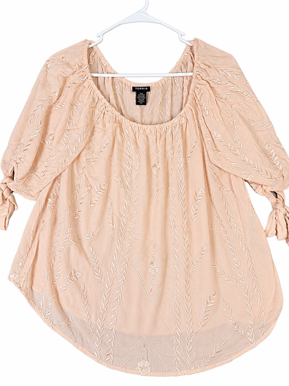 Torrid Embroidered Peasant Blouse Size 00 Blush Pink Tie Sleeve Boho Top